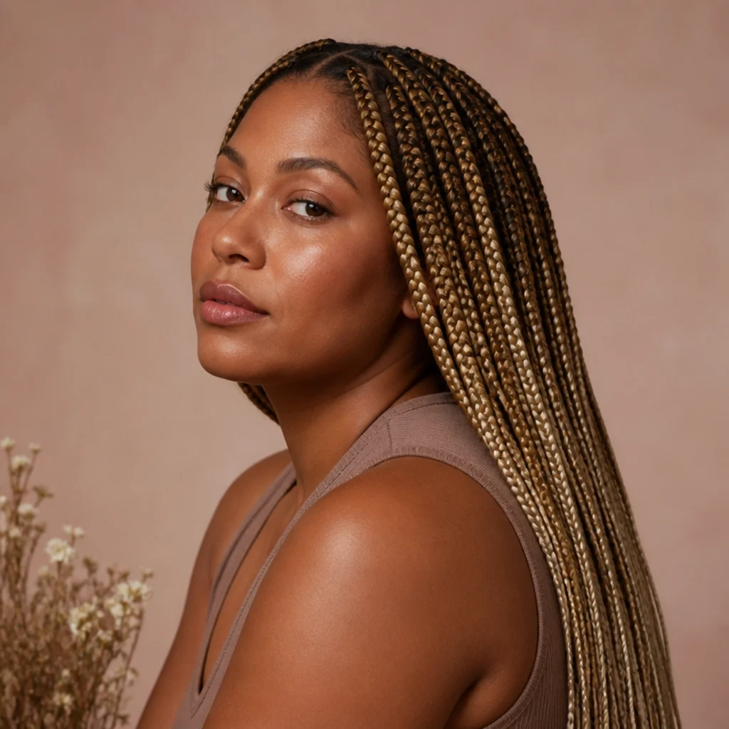 Honey-blonde ombre jumbo knotless box braids fading from dark roots into warm blonde ends on a Black woman in soft studio light