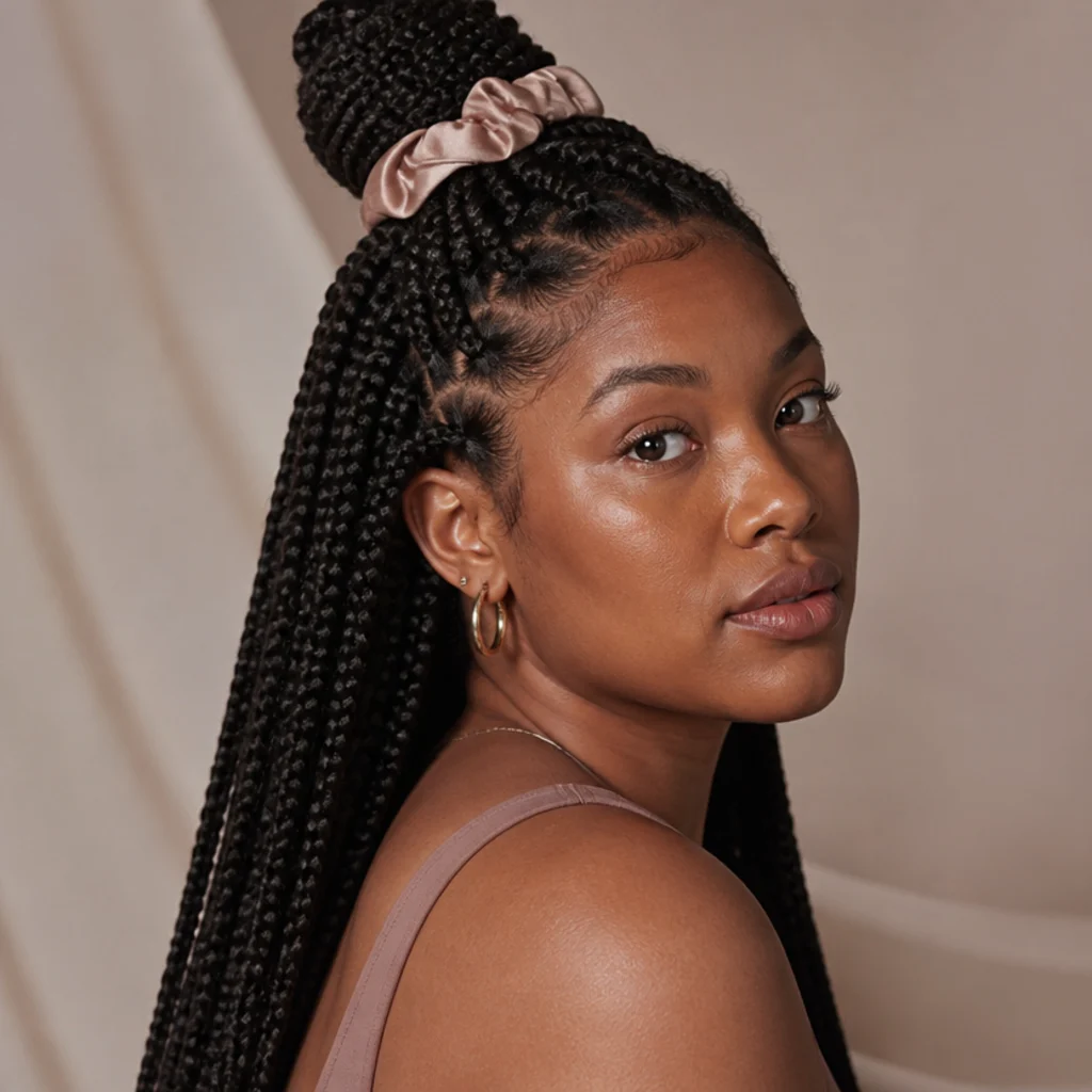 Half-up bun styled with jumbo knotless box braids on a Black woman photographed in three-quarter profile with a loose, low-tension crown