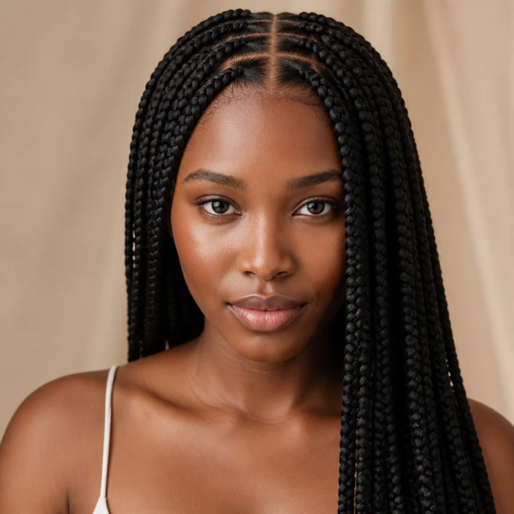 Middle-part jumbo knotless box braids with a clean, straight center parting on a Black woman shown from the front