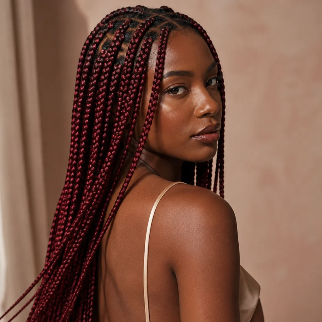 Deep burgundy jumbo knotless box braids on a Black woman in three-quarter back view under warm light, showing wine-red depth