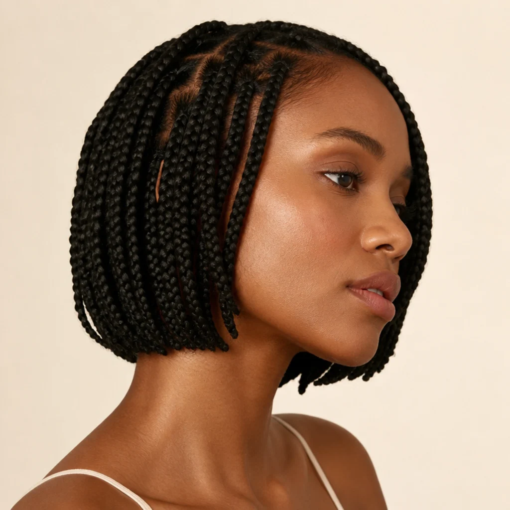 Bob-length jumbo knotless box braids ending at the jaw on a Black woman in three-quarter profile with a lightly tapered finish