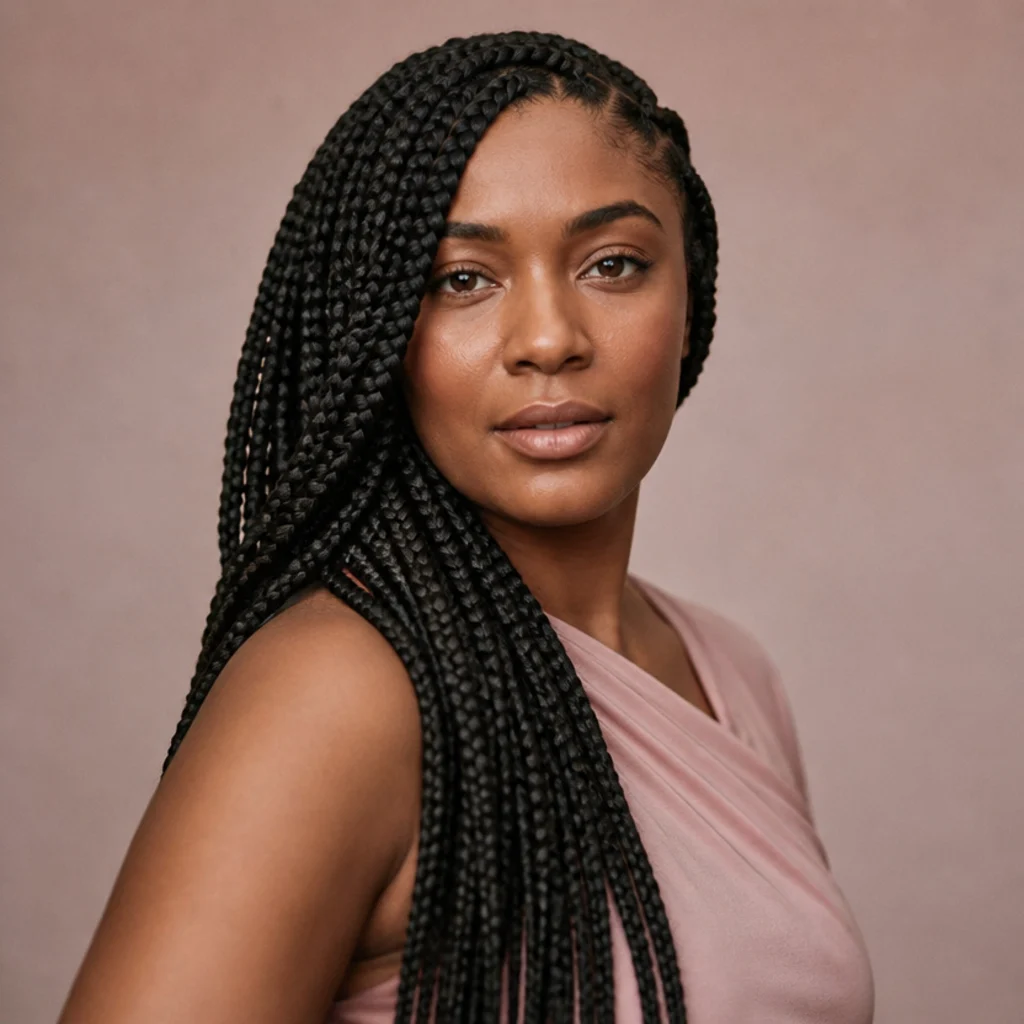 Side-swept jumbo knotless box braids draped over one shoulder on a Black woman in three-quarter view with a deep side part