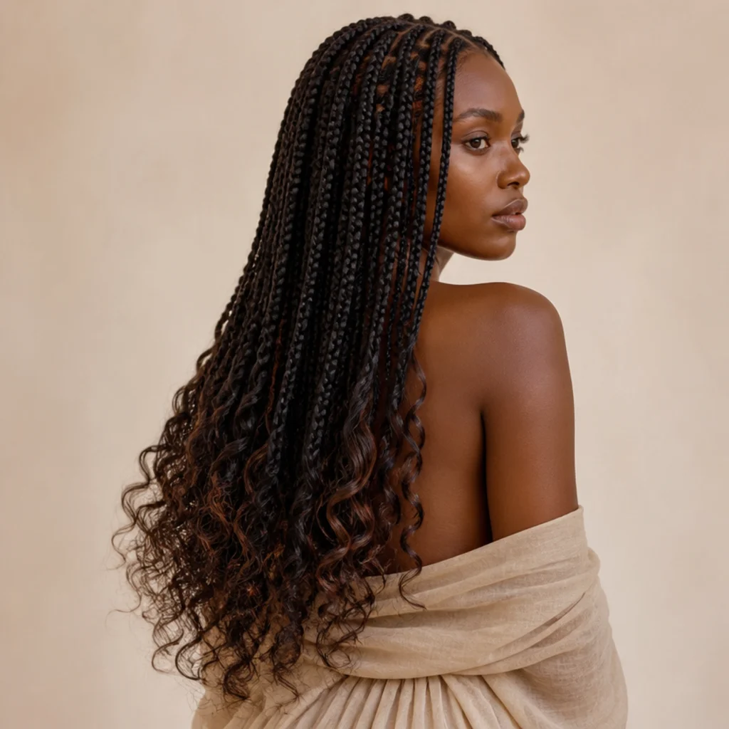 Jumbo knotless box braids finished with loose curly ends on a Black woman shown from a three-quarter back angle, braid holding most of the length