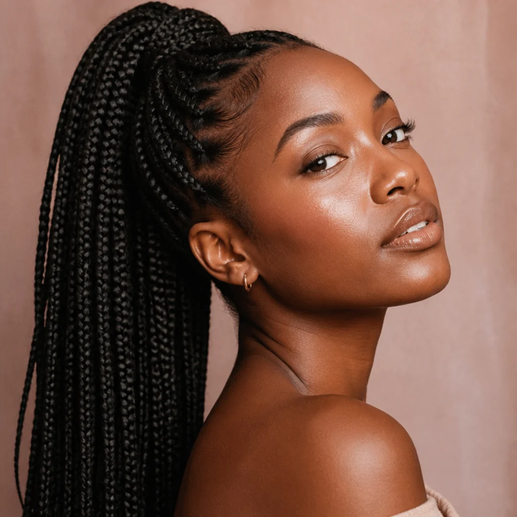 High ponytail styled from jumbo knotless box braids on a Black woman photographed in three-quarter profile with a wrapped, hidden base