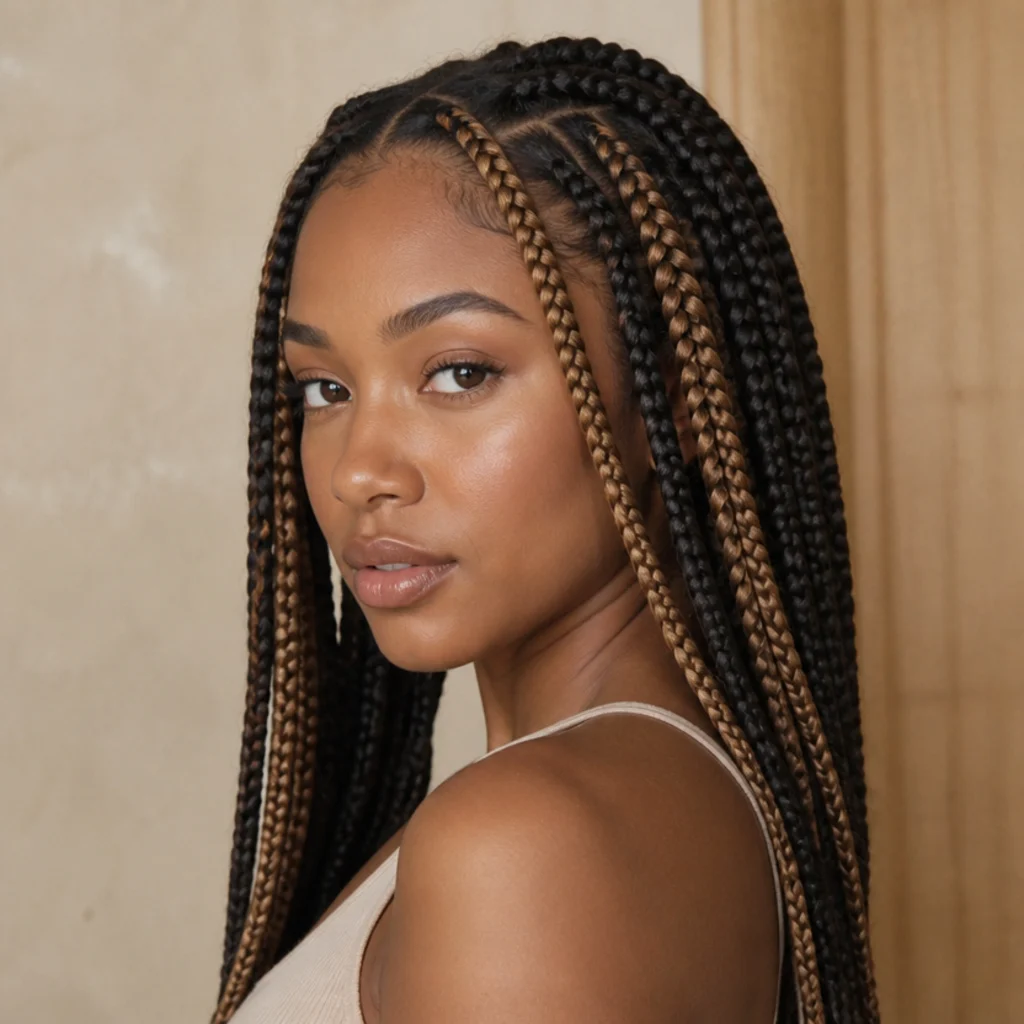 Caramel-highlighted jumbo knotless box braids with ribboned lighter pieces framing the face on a Black woman in soft light