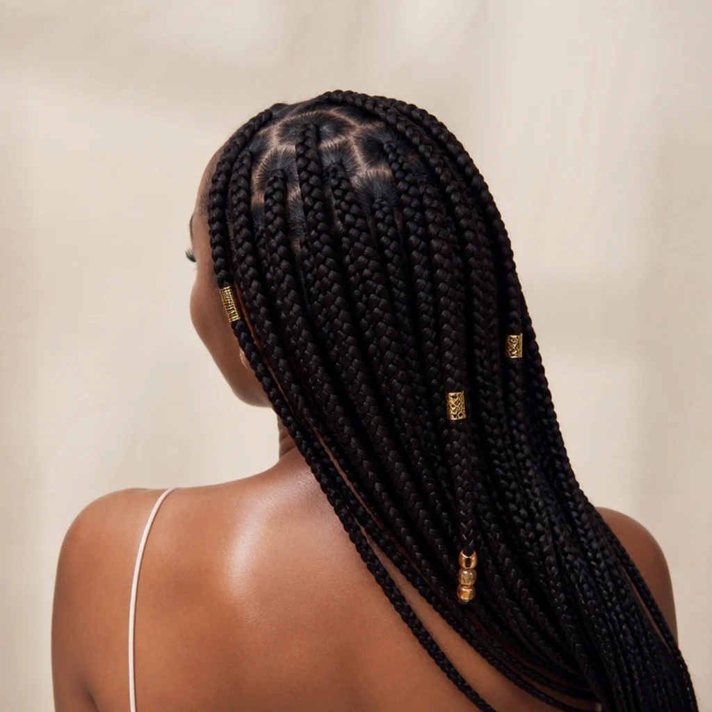 Jumbo knotless box braids with gold cuffs and mixed beads accenting a few face-framing braids on a Black woman from the back