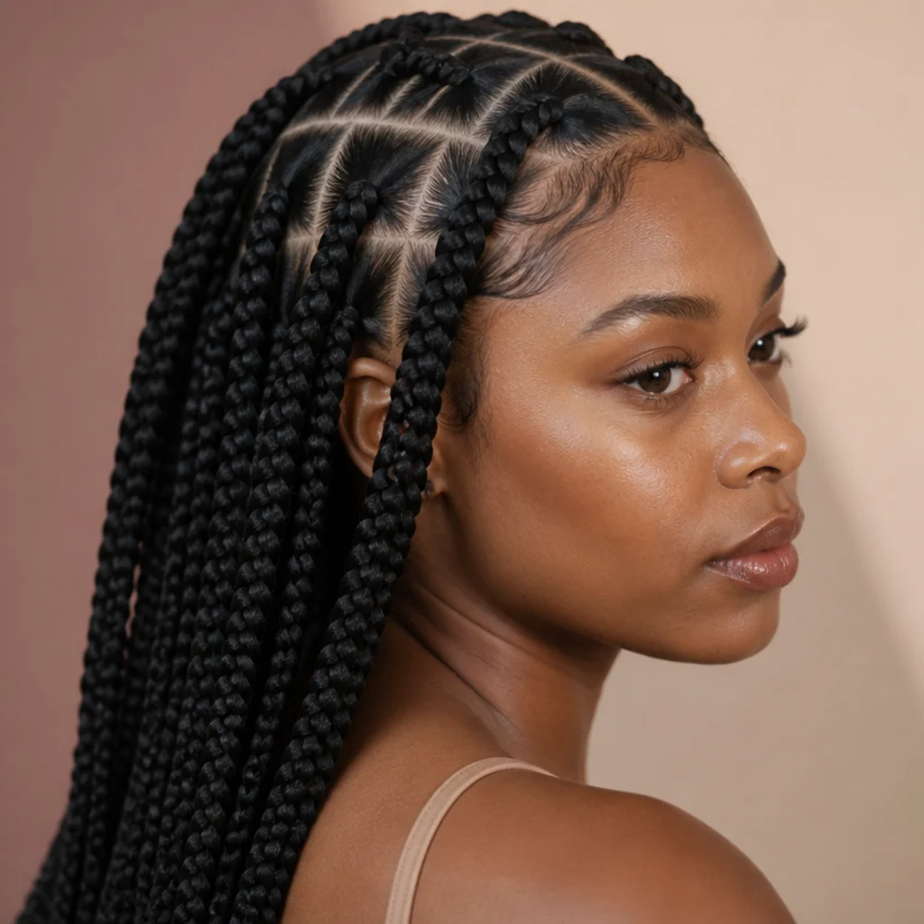 Sleek jet-black jumbo knotless box braids with a smooth, glossy crown on a Black woman in three-quarter profile