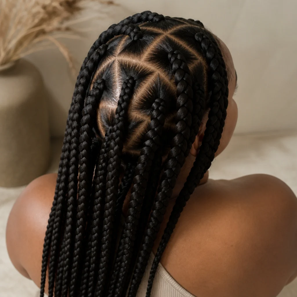 Triangle-part jumbo knotless box braids showing a geometric parting pattern on a Black woman photographed from above and behind