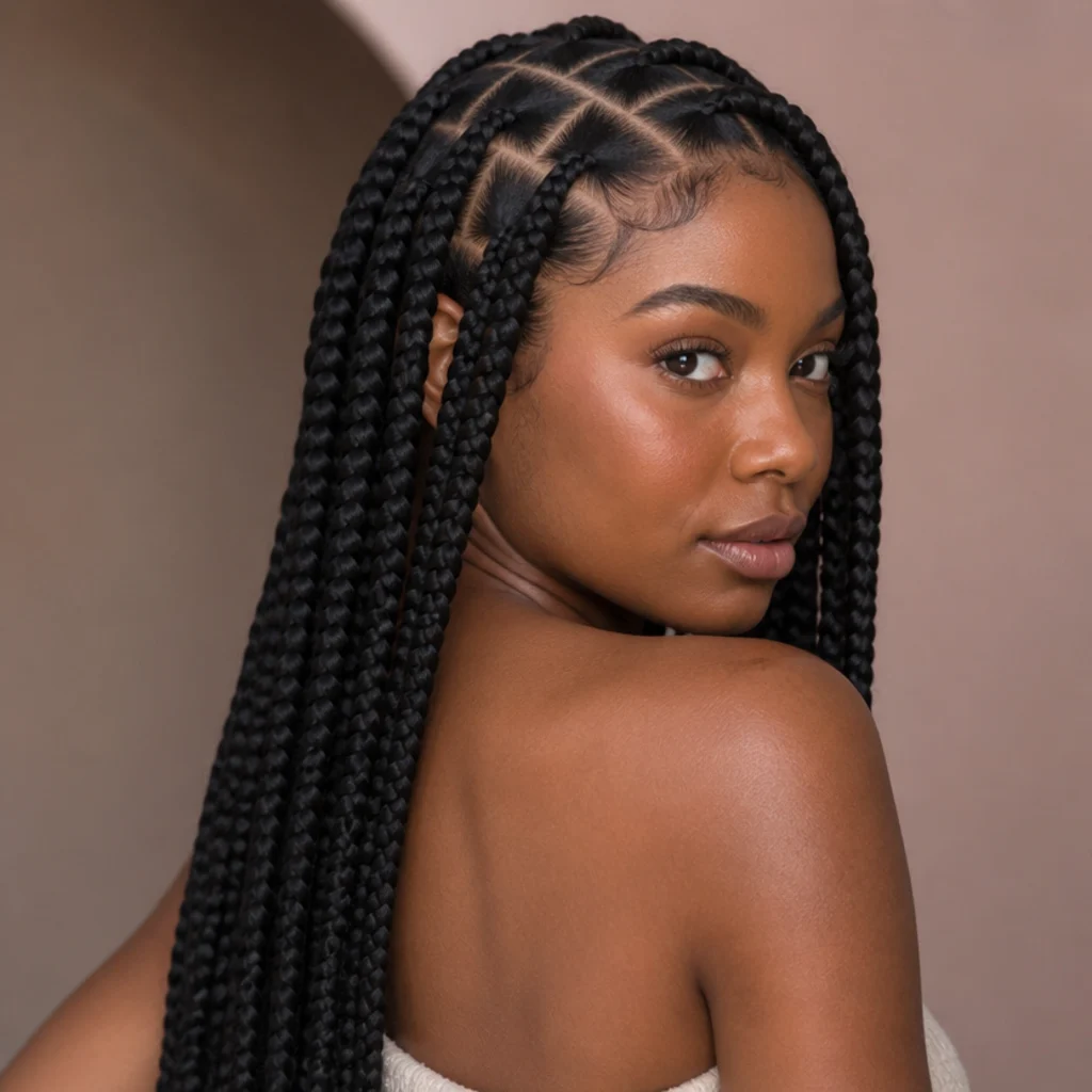 Black woman shown from a three-quarter back angle with waist-length jumbo knotless box braids and clean square parts
