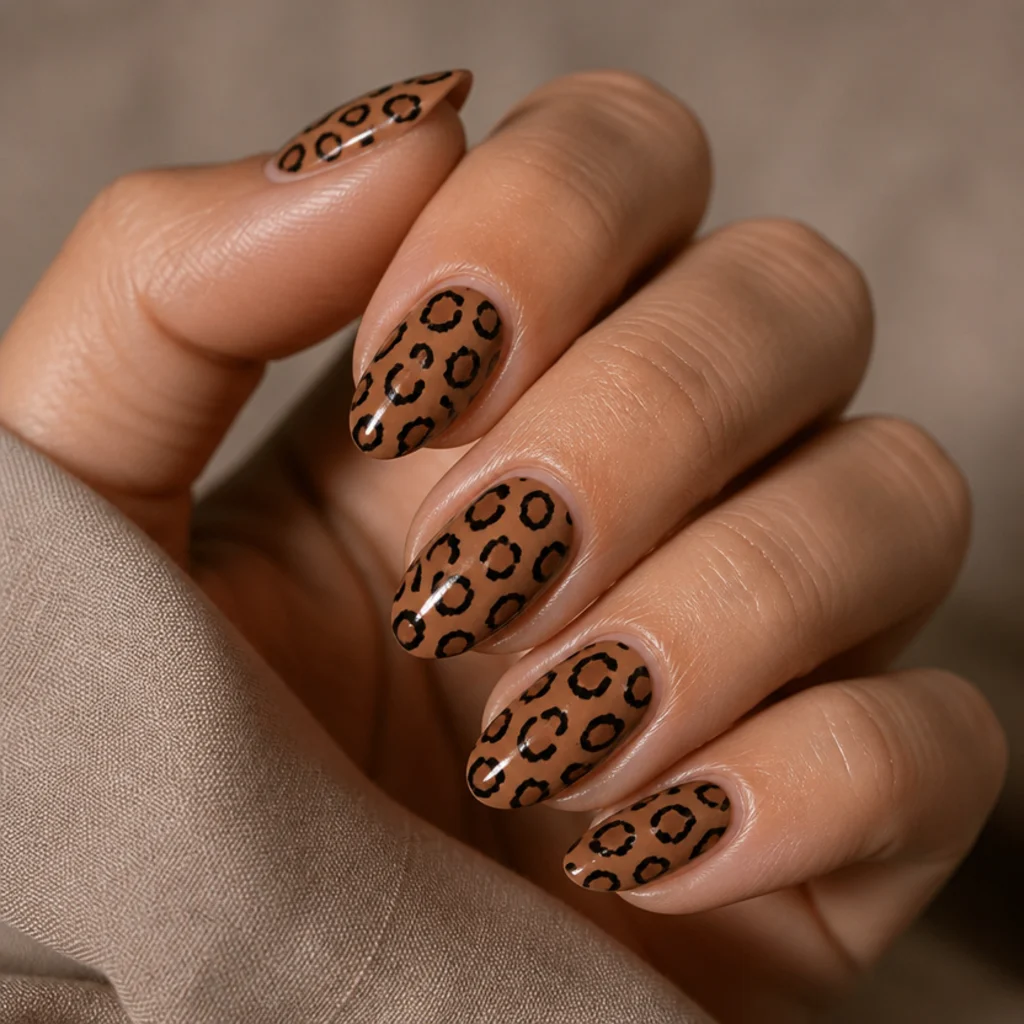 Almond nails in warm caramel base with irregular brown rosette centers ringed by broken black leopard outlines across every finger