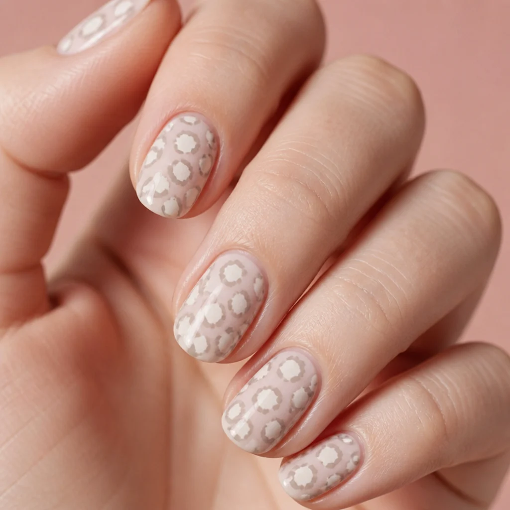 Oval nude nails with soft off-white leopard spots outlined in muted taupe on a light beige hand