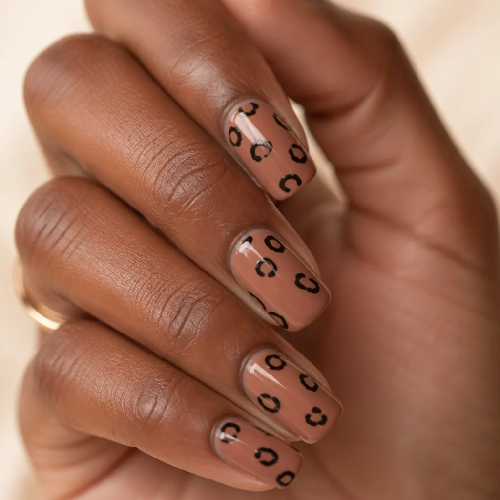 Short squoval nails on a deep-skin hand with three or four black leopard spots each on a soft mocha base