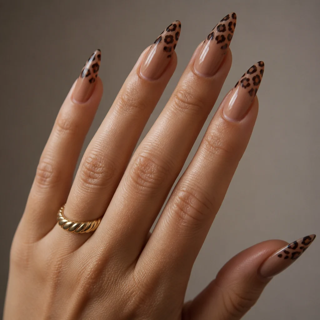 Long almond leopard print acrylic nails in caramel and black with spots trailing toward the tips on a light-medium hand