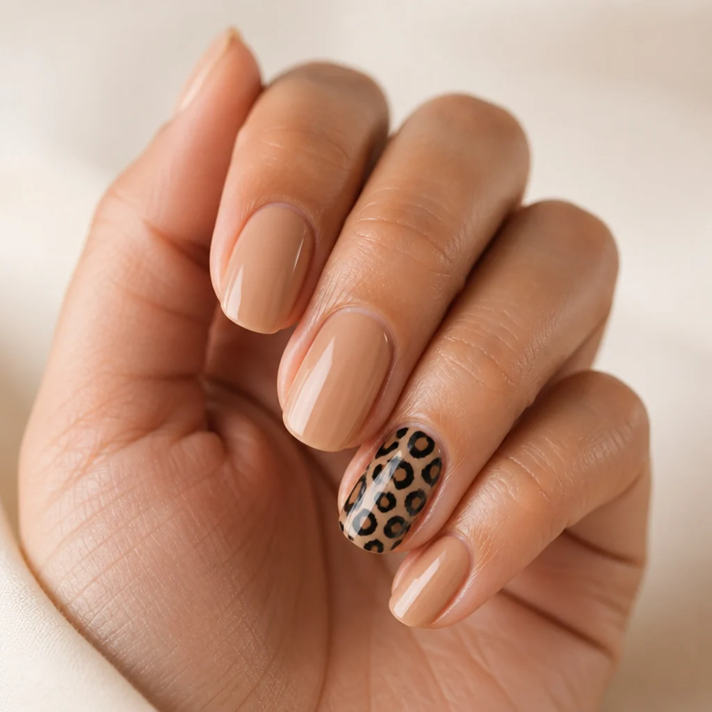 Neutral manicure with one ring-finger accent nail in black leopard print on a warm ivory hand