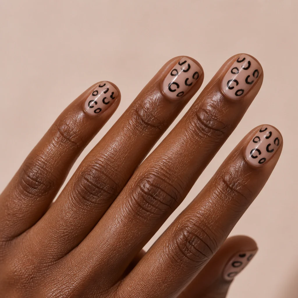 Sheer negative-space nails with open black leopard rings floating over bare natural nail on a deep-skin hand