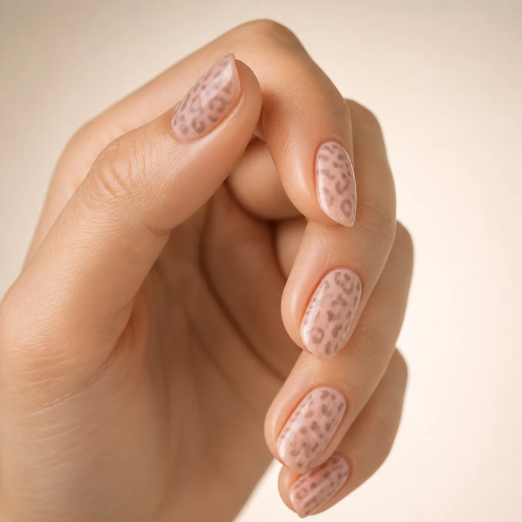 Soft blush-pink nails with tonal beige and cocoa leopard spots on a fair hand