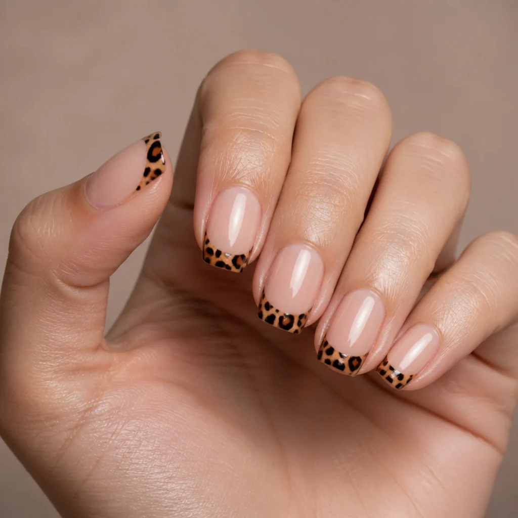 French manicure with a narrow band of caramel and black leopard print filling the tip instead of white on a light-medium hand