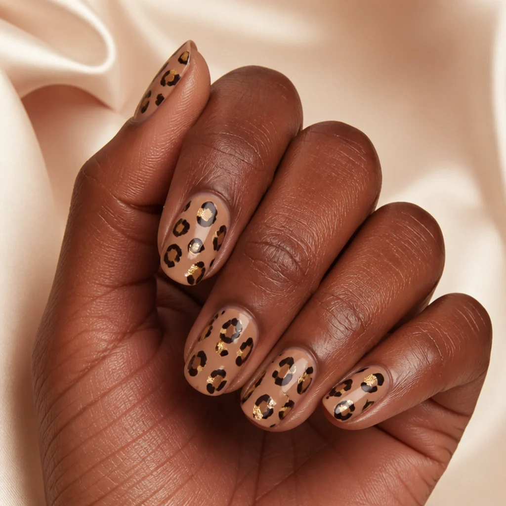 Warm nude nails with brown-and-black leopard spots accented by scattered gold foil flecks on a deep-skin hand