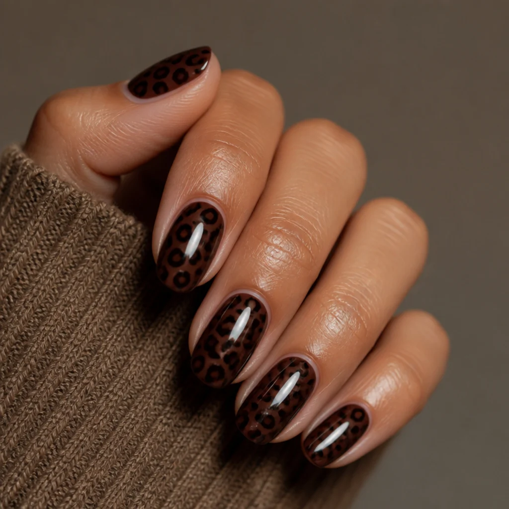 Glossy chocolate-brown nails with darker cocoa and black tonal leopard spots on a medium hand