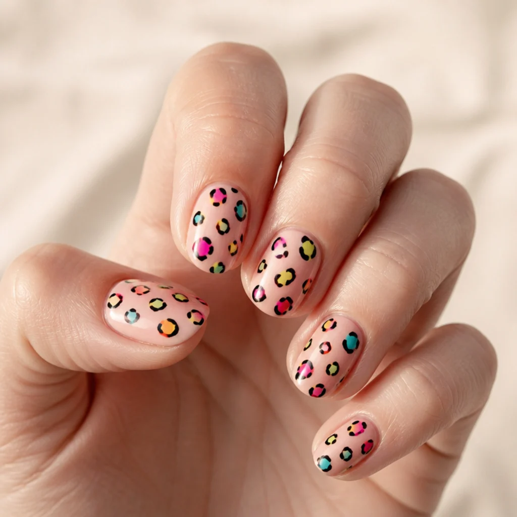 Playful nails with leopard spots in pink, tangerine, teal, and yellow scattered over a nude base on a light hand