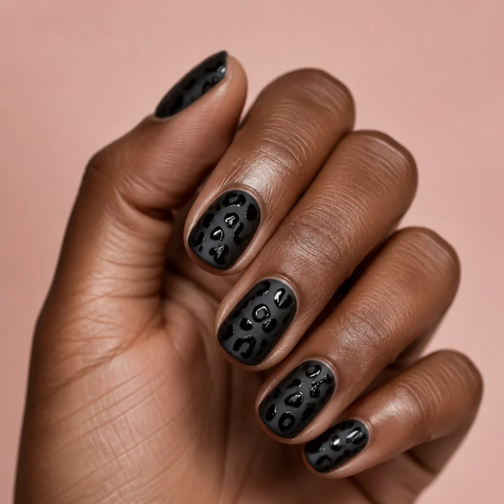 Matte black leopard nails with glossy black spots creating tonal texture on a deep-skin hand