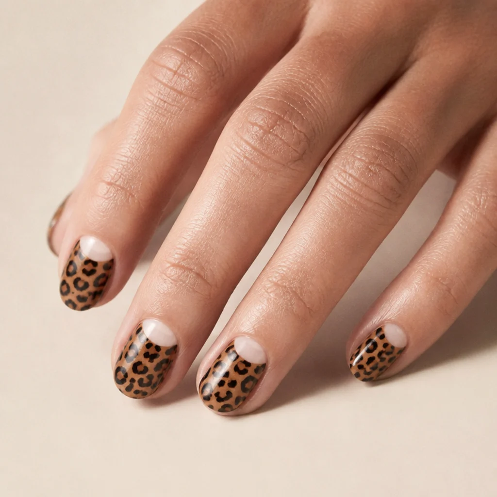 Half-moon manicure with a bare crescent at the base and a leopard-filled nail body on a light-medium hand