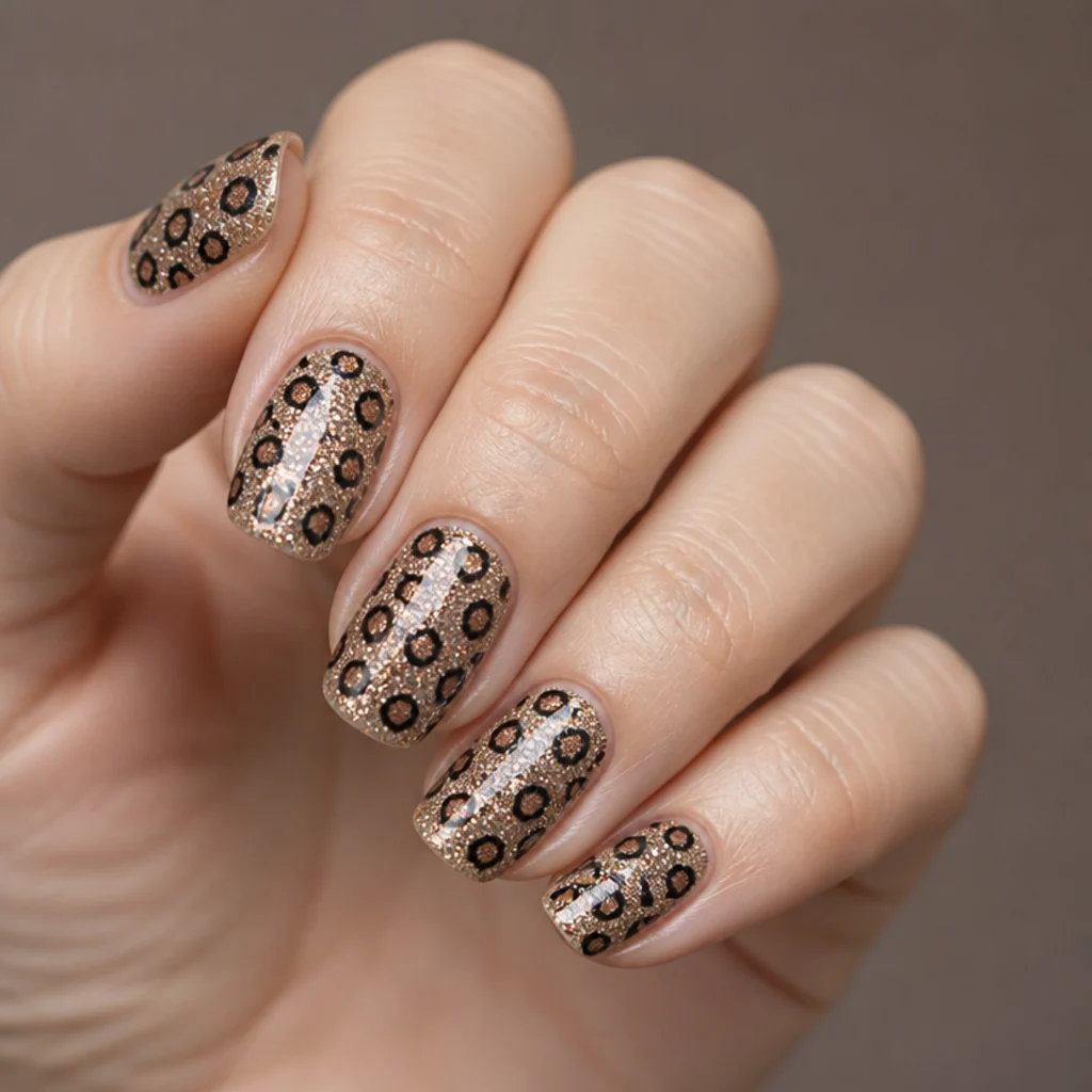 Champagne glitter nails with black and brown leopard spots layered on top, sparkle peeking through the gaps, on a fair hand