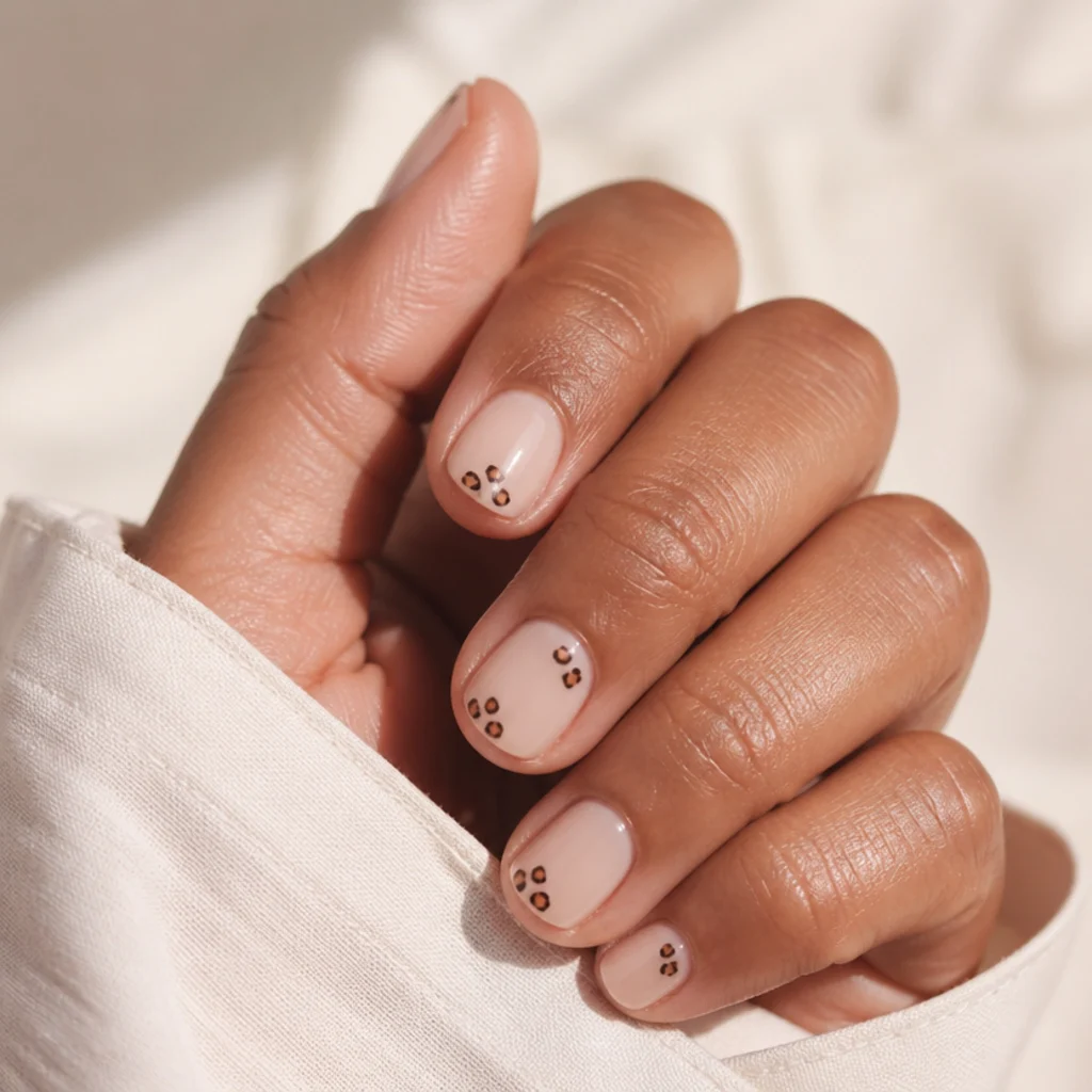 Very short natural nails with tiny delicate leopard spots on a soft nude base on a medium hand