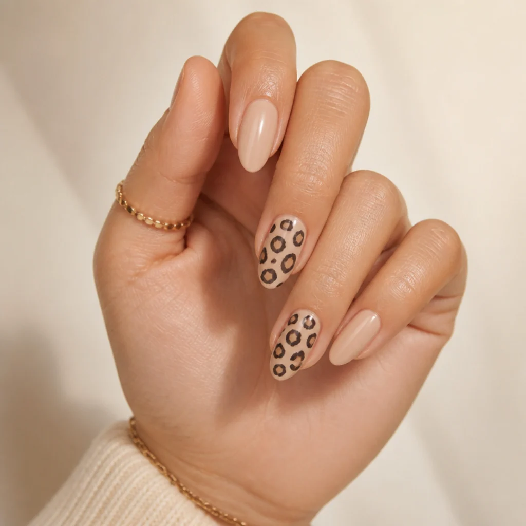 Close-up macro of almond nails in warm beige with hand-painted black leopard print spots on two accent fingers