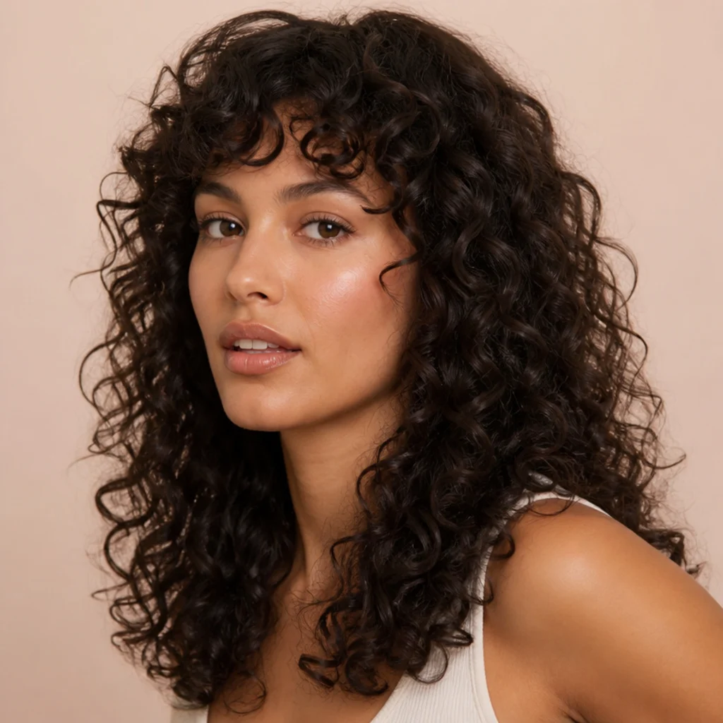 Three-quarter angle of a long curly shag haircut with a soft curly fringe on deep espresso hair