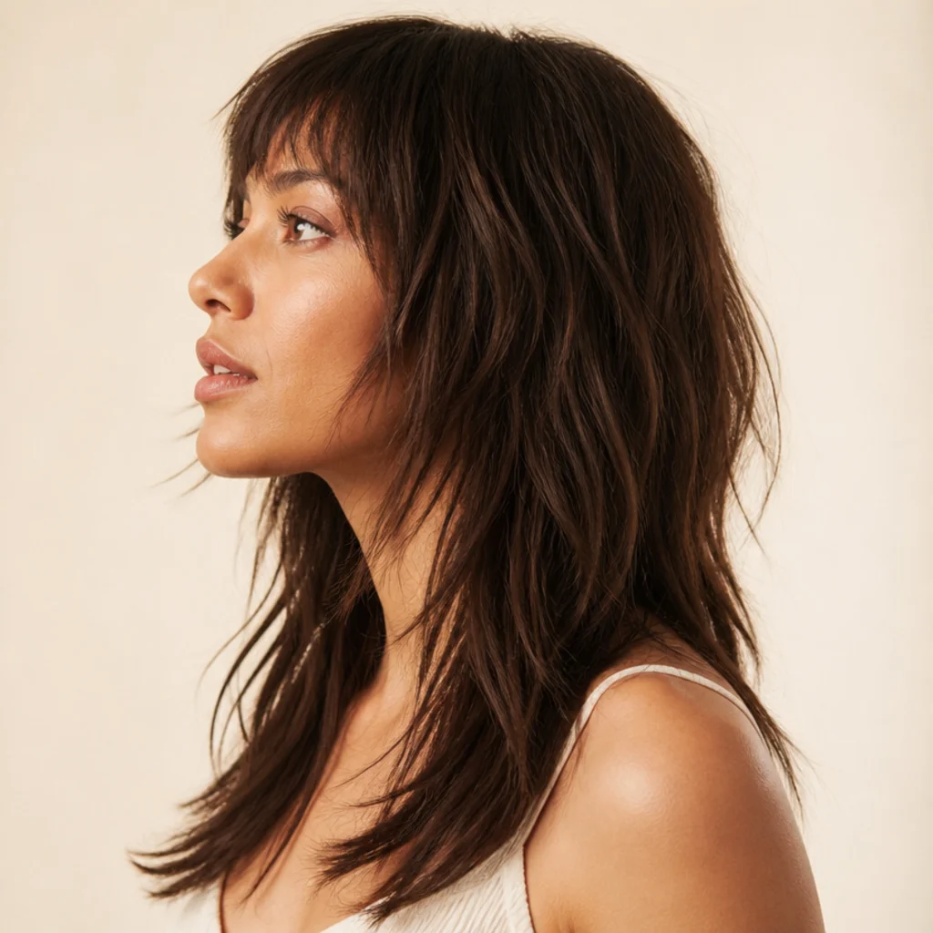 Side view of a long shag with choppy layers and wispy piecey bangs on chestnut hair with subtle movement