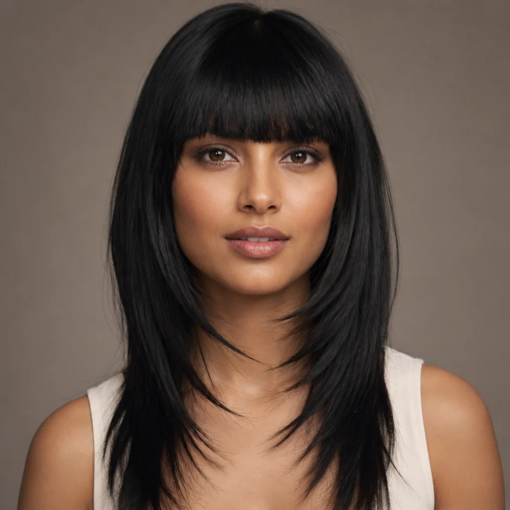 Front view of a long shag on straight hair with a blunt fringe and sleek subtle layers on jet-black hair