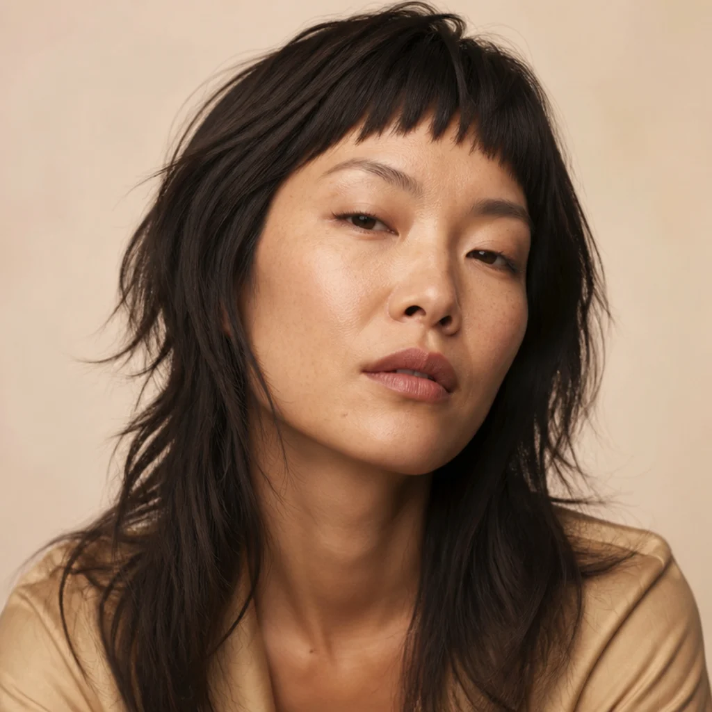 Front view of a textured long shag with high micro baby bangs on cool dark-brown hair, editorial styling