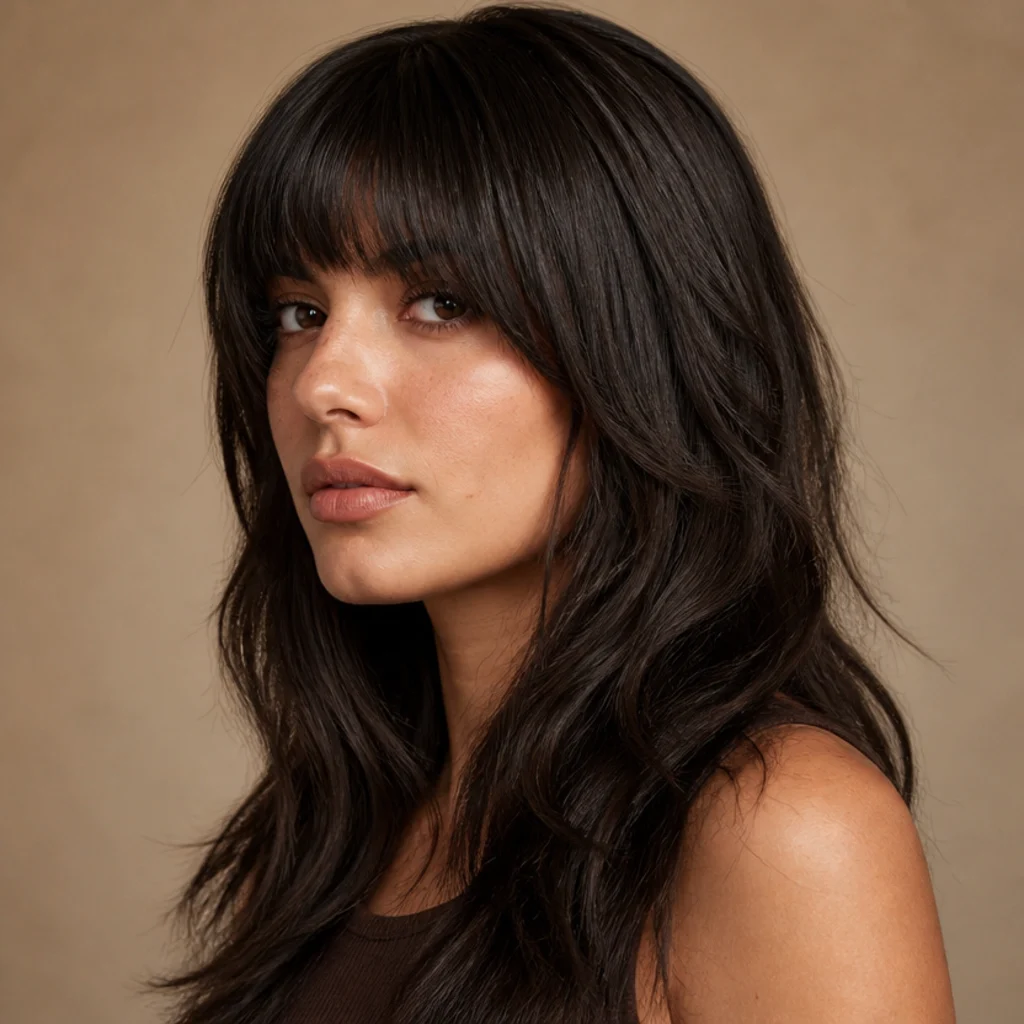 Side view of a long shag for thick hair with a full heavy fringe and deep internal layers on rich dark hair