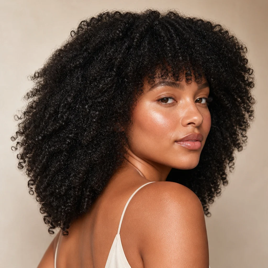 Back-to-three-quarter angle of a coily long shag with a rounded curly fringe and defined layers on natural black hair
