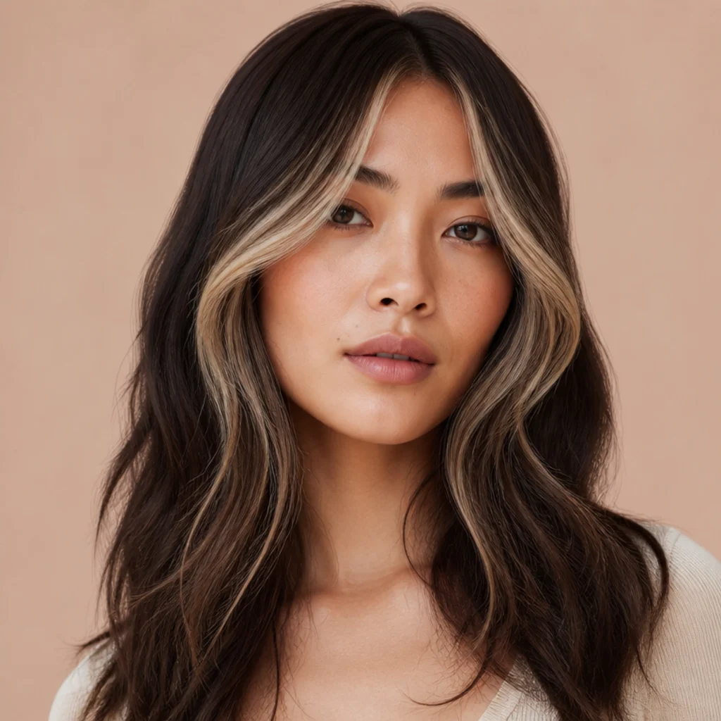 Front view of a long shag with brightened money-piece bangs framing the face on dark hair with contrast highlights