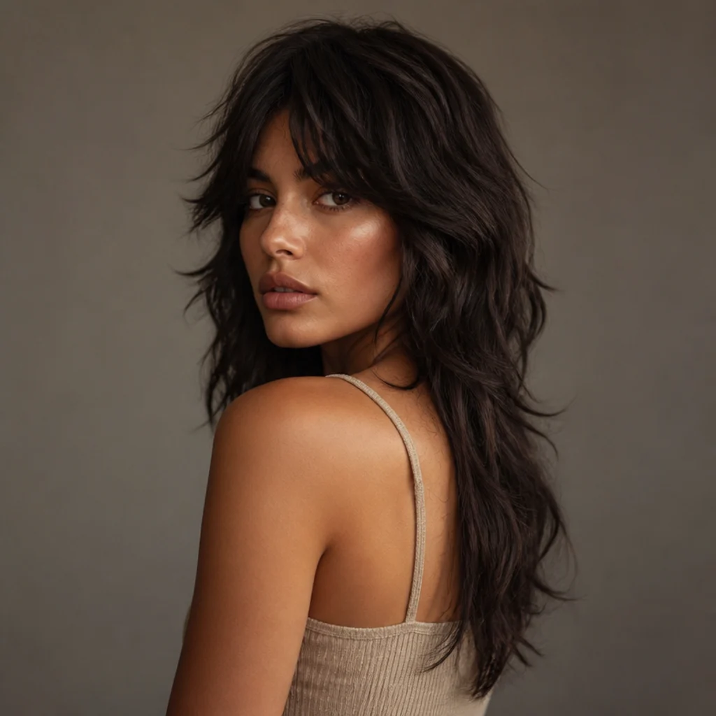 Back-and-side angle of a long shag mullet hybrid with shorter crown layers and curtain bangs on dark wavy hair