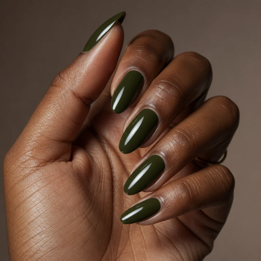 Long almond nails in glossy deep olive green held at a slight angle against taupe backdrop