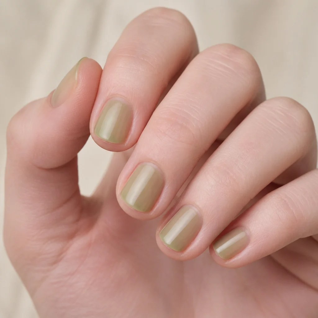 Short natural nails with a sheer translucent light olive green jelly wash on fair skin