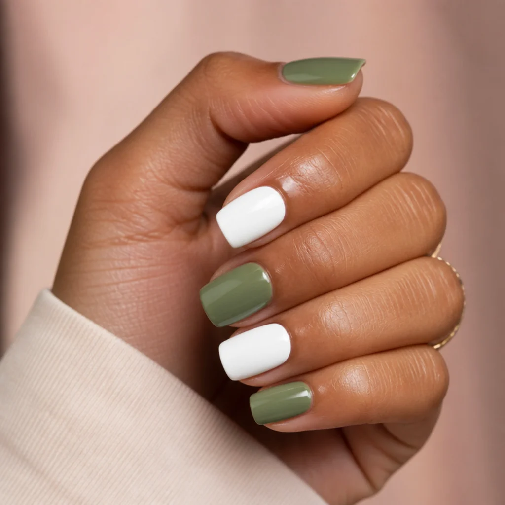Squoval nails alternating solid olive green and crisp white in a clean color-block set