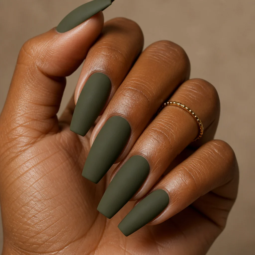 Medium-length coffin acrylic nails in velvety matte olive green on brown skin