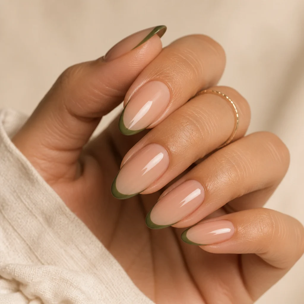 Almond nails with a nude base and thin olive green French tip smile line