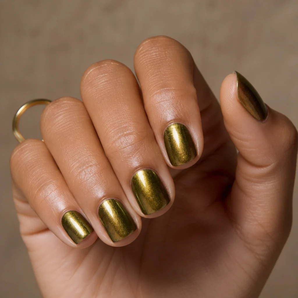 Short nails in olive green chrome shimmer shifting between green bronze and gold