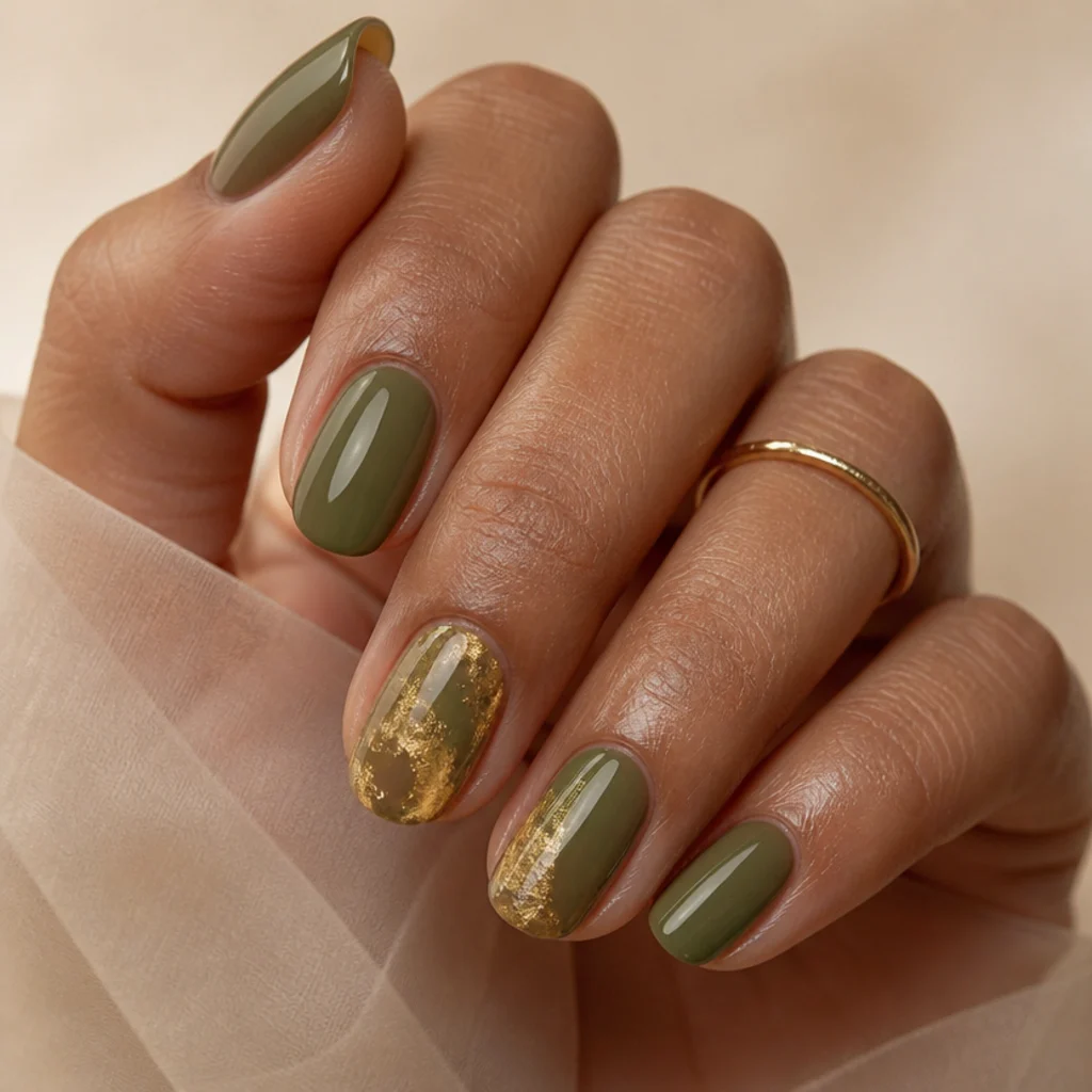 Solid olive green nails with delicate gold foil flecks on two accent ring nails