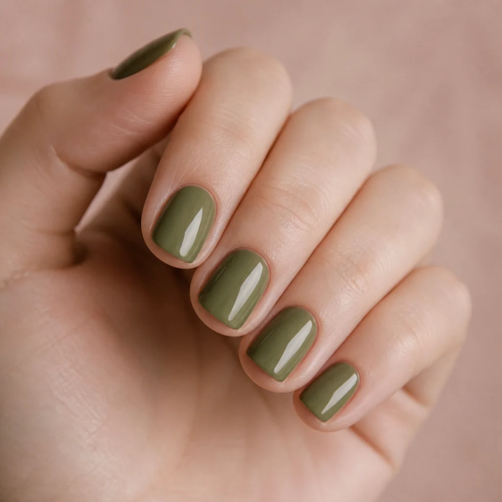 Short squoval nails in an everyday solid olive green on fair skin