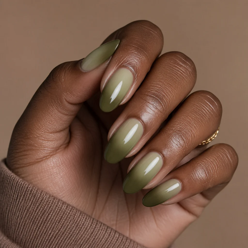Medium almond nails in a tonal olive ombre fading light at the base to dark at the tips