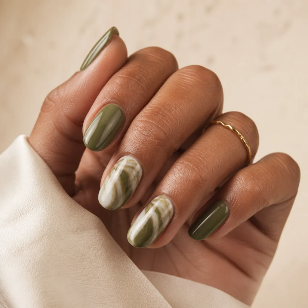 Olive green nails with white and gold marble swirl veining on two accent nails