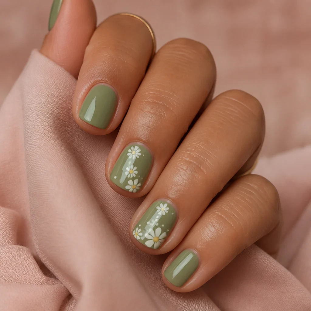 Short olive green nails with tiny hand-painted white daisies and cream centers on accent nails