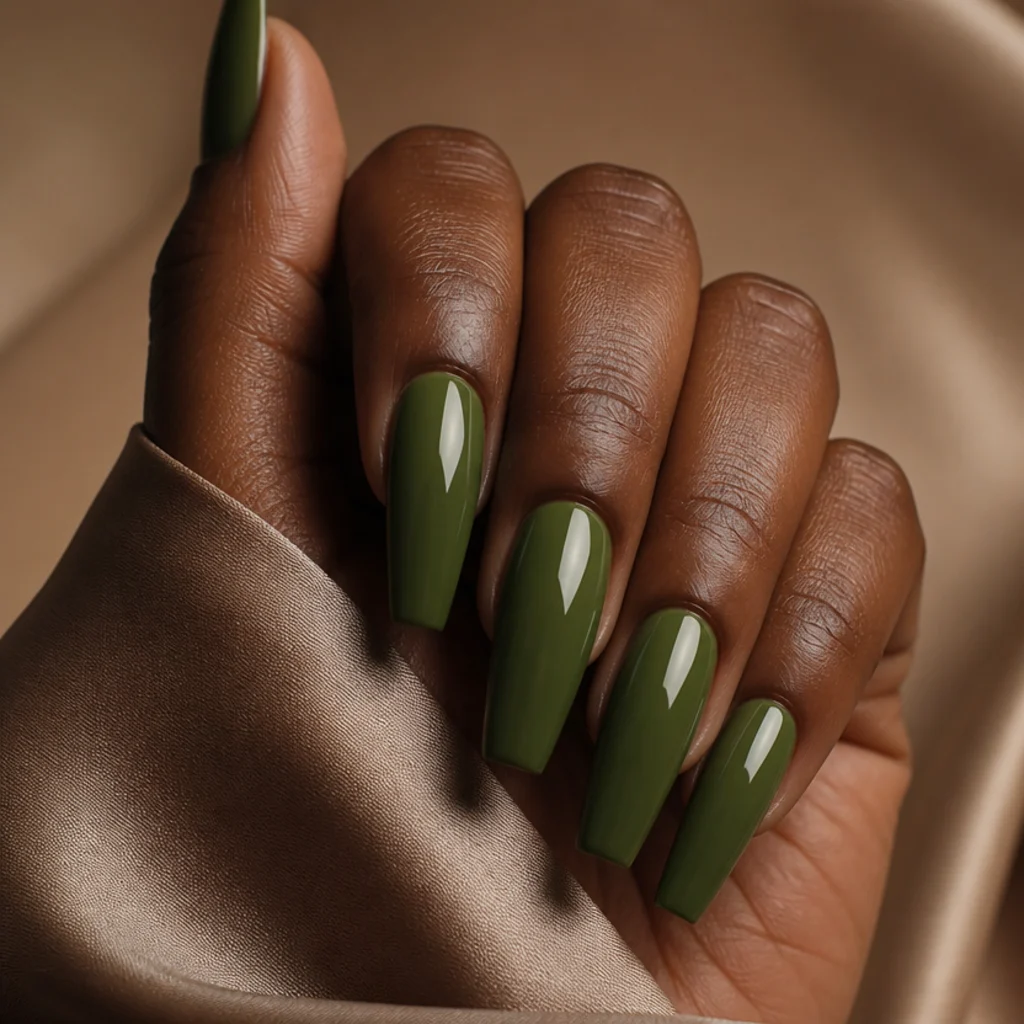 Long coffin nails in glossy deep olive green with a mirror-shine finish