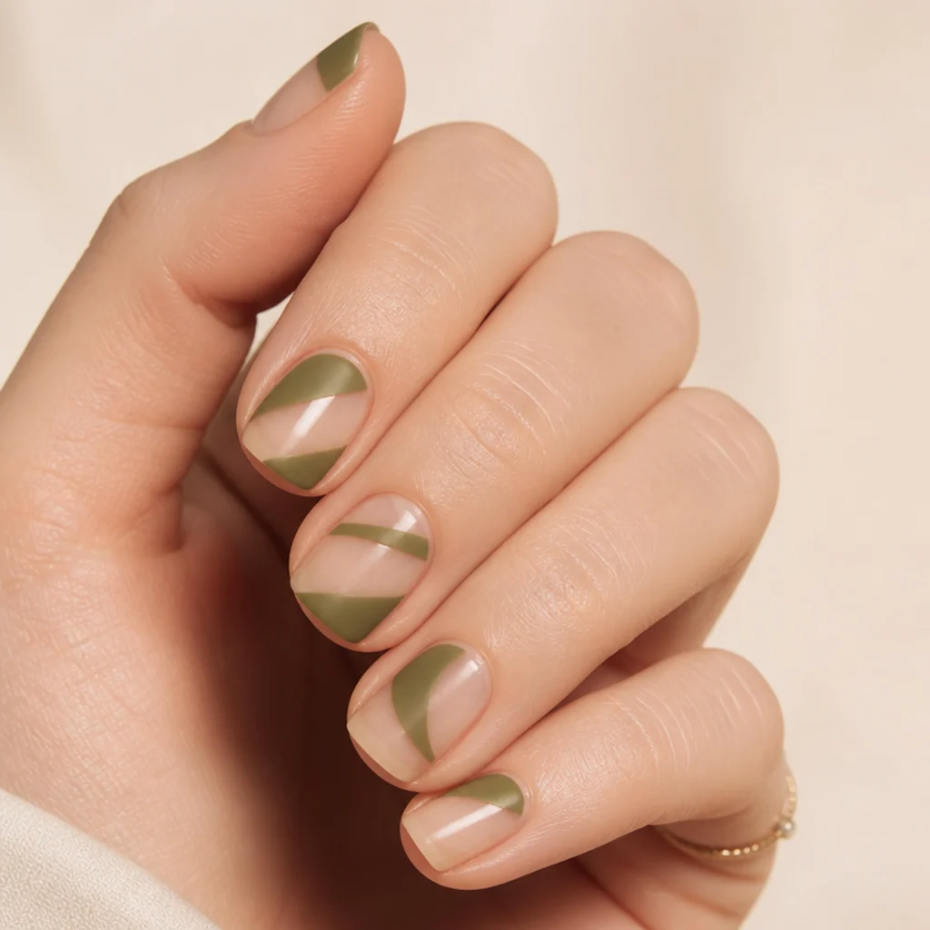 Natural nails with olive green negative-space diagonal bands leaving bare nail exposed